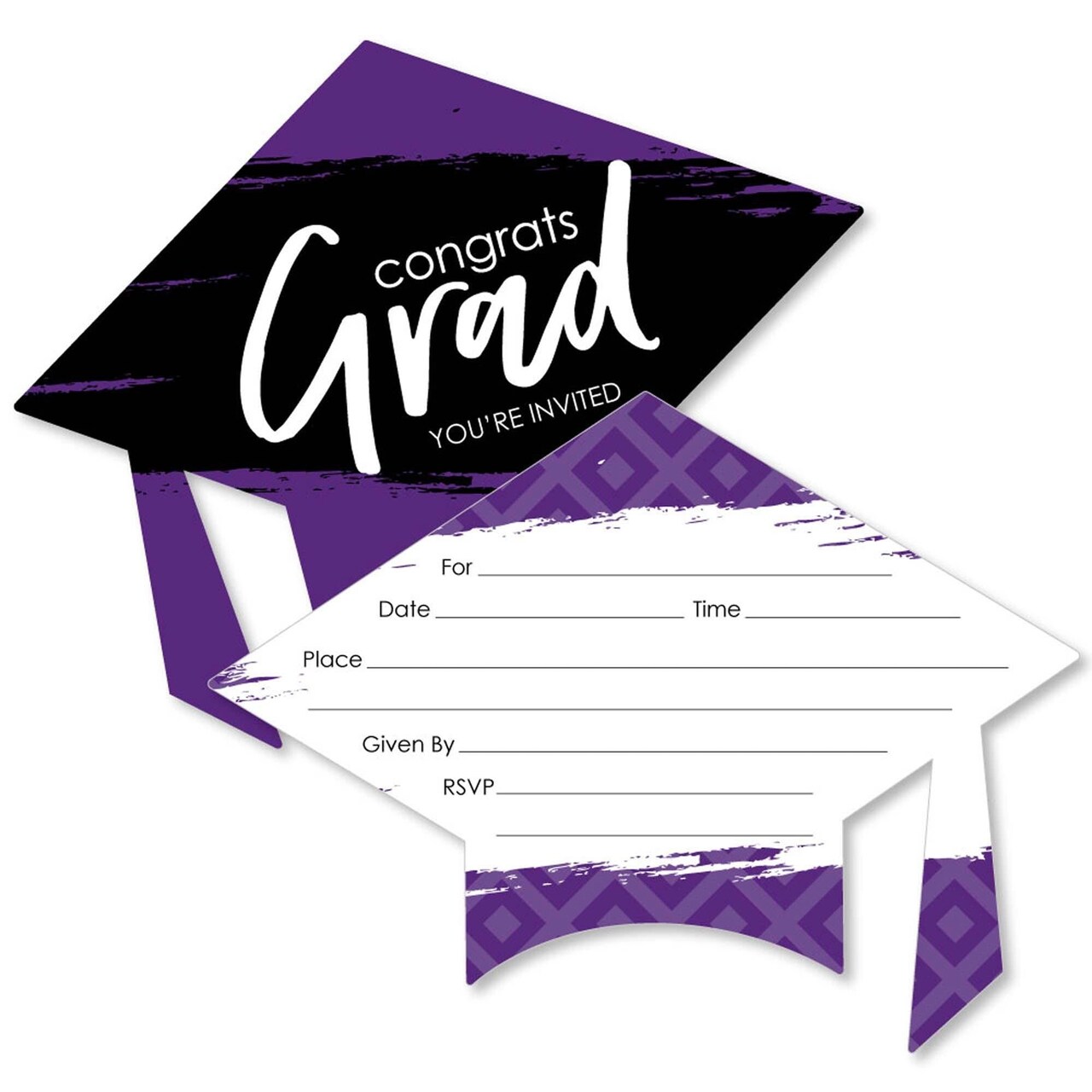 Big Dot of Happiness Purple Graduation Party Invitations - Shaped Fill-In Invite Cards with Envelopes - Set of 12